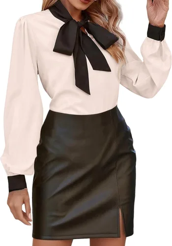 Vista 3 de Avanova - Camisas de manga larga abullonada con cuello de lazo para mujer, blusas casuales de trabajo