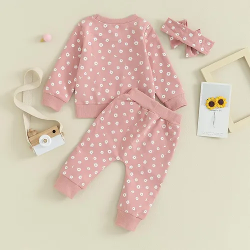 Vista 3 de Ropa para bebé recién nacida, atuendo de margaritas, camiseta de manga larga, pantalones, ropa de otoño e invierno