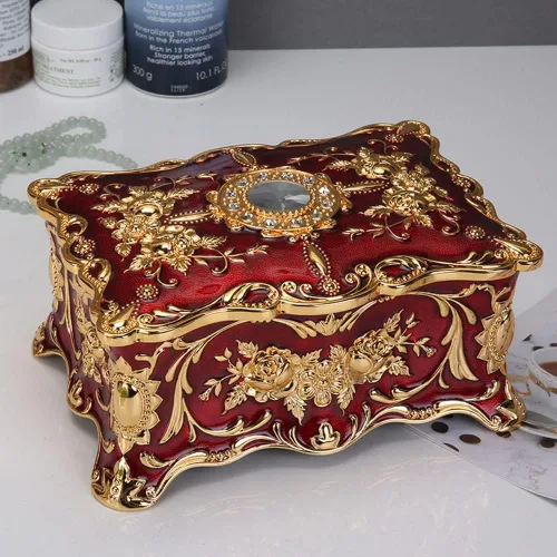 Vista 8 de Joyero rectangular de aleación de metal vintage de lujo, caja de almacenamiento con patrón de rosas para mujeres, niñas, diseño de dos capas, dorado