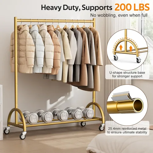 Vista 6 de MISSLO Perchero resistente con ruedas y estantes para colgar ropa con 3 estantes