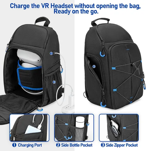 Vista 4 de PGmoon Funda de transporte compatible con Oculus Meta Quest 2Quest 3Quest ProVR Elite, mochila de almacenamiento de viaje con espacio separado