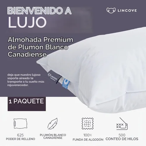 Vista 2 de Lincove Cloud Almohada de Plumón Canadiense Natural, Almohada Blanca de Lujo para Dormir - 625 Fill Power, Funda de Algodón de 500 Número de Hilos