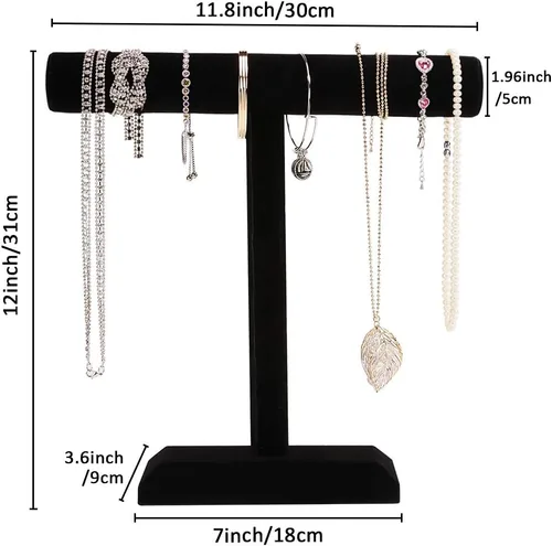 Vista 2 de Soporte de pulsera de terciopelo negro con barra en T de un nivel, organizador de collar para mujeres, niñas, hombres, organización del hogar