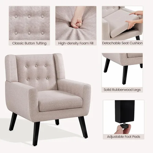 Vista 5 de Yaheetech Silla decorativa, moderno sillón copetudo con botones, sillas de tela de lino para sala de estar, dormitorio, cómoda silla de lectura