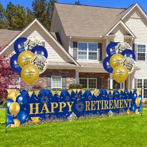Vista 5 de Decoraciones de feliz jubilación: pancarta grande azul marino dorado con 18 globos para hombres y mujeres, fiestas, cabina de fotos, suministros