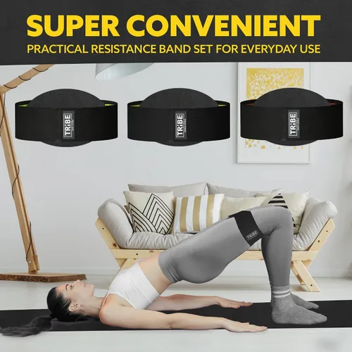 Vista 7 de Tribe Lifting Bandas de resistencia para entrenar – Paquete de 3 bandas de entrenamiento de tela para mujeres y hombres – Bandas de glúteos