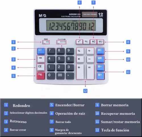 Vista 7 de M&G Calculadora de escritorio de 12 dígitos con pantalla LCD extra grande, doble alimentación solar y batería, calculadora contable con botón