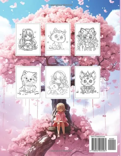 Vista 2 de Kawaii Girls and Animals Anime Coloring Book Manga coloring book for fun and relaxation. Suitable for kids, teens, and adults