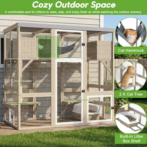 Vista 2 de Gran recinto para gatos Catio para exteriores, patio para gatos con 4 niveles, hamaca para condominio y postes rascadores, techo plano de madera