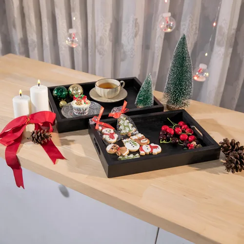 Vista 8 de Bandeja rectangular de madera de acacia negra con asas, juego de 2 (15 x 11 pulgadas y 13 x 10 pulgadas), bandeja grande para otomana, desayuno