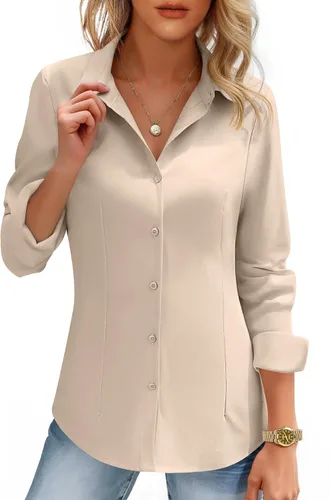 Vista 14 de HOTOUCH Camisas de mujer con botones de manga larga, camisa de vestir ajustada, blusas de trabajo, cuello, elegantes, casuales, de negocios
