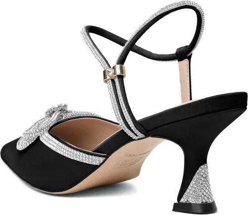 Vista 5 de Joseywade Tacones de lazo con diamantes de imitación para mujer, tacón bajo puntiagudo, correa de tobillo ajustable, zapatos de fiesta nupcial