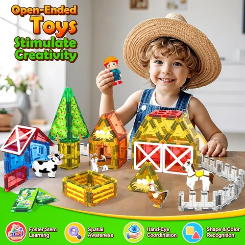 Vista 5 de Juguetes de azulejos magnéticos con animales de granja para niños de 3 años en adelante, bloques magnéticos, juguetes de construcción para niños