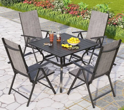 Vista 10 de PHI VILLA Juego de comedor al aire libre para 4, mesa de metal con sillas plegables, negro