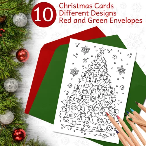 Vista 4 de Tarjetas de Navidad para colorear para adultos y niños Tarjetas de Navidad colorables, interior en blanco para tu mensaje, 10 diseños diferentes