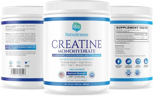 Vista 4 de NutraScience - Monohidrato de creatina en polvo con BioPerine, apoya el crecimiento y la recuperación muscular magra, 60 porciones, 5000 mg por