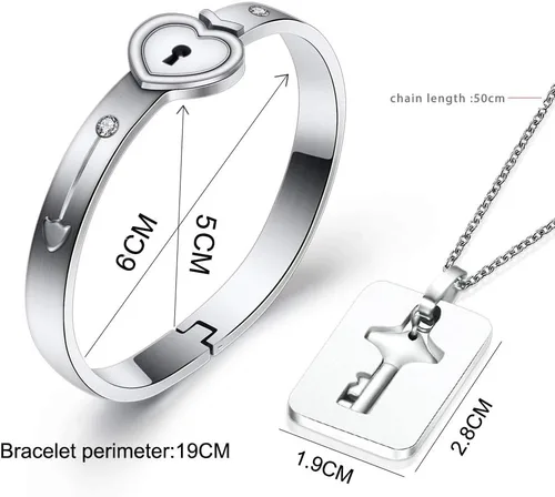 Vista 7 de MYNENEY Juego de pulsera con cerradura y llavero para parejas, brazalete de corazón de acero inoxidable para hombres y mujeres, regalo romántico