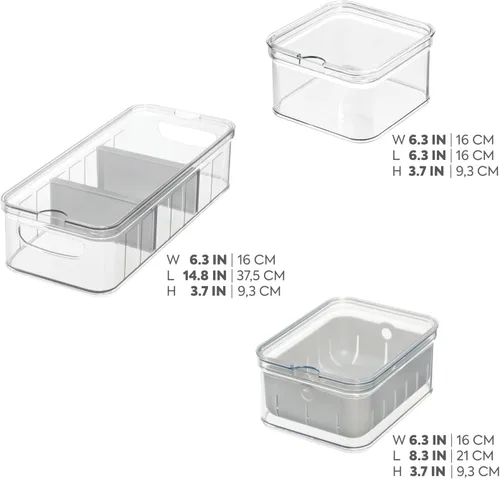 Vista 2 de iDesign Crisp - Juego de 3 cubos organizadores de plástico reciclado con tapas, transparente/gris