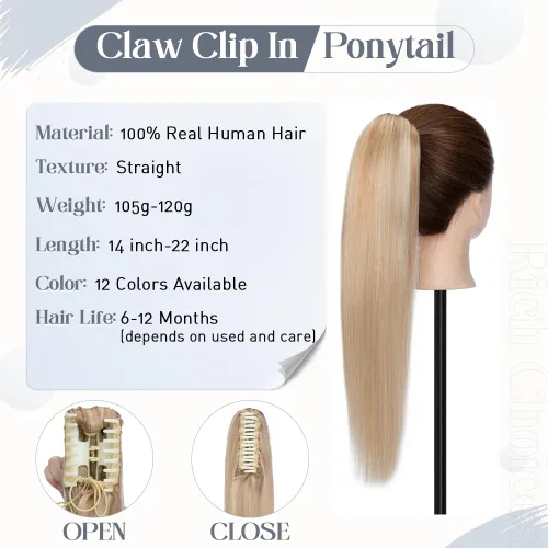 Vista 89 de Rich Choices Extensión de cola de caballo con clip de garra, cabello humano real, una pieza, extensiones de cabello largo Remy para mujer, #18P613