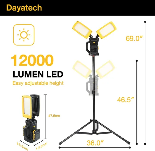 Vista 5 de Luz de trabajo LED inalámbrica de 12000LM, de doble cabezal de 85W con trípode, compatible con baterías Dewalt, Milwaukee, Makita de 18–21V, sin