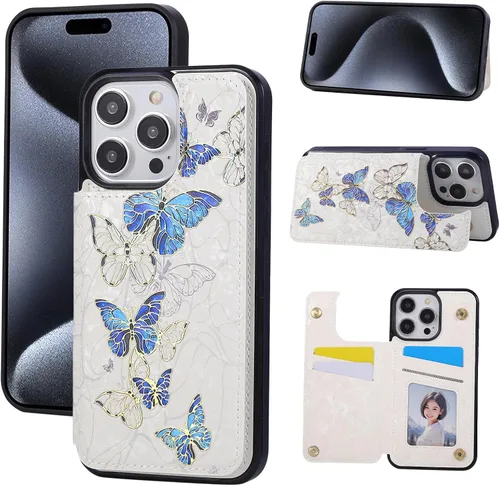 Vista 31 de UEEBAI Funda tipo cartera para iPhone 13 con tarjeteros, piel sintética, diseño floral, función atril, bloqueo RFID, doble cierre magnético, funda