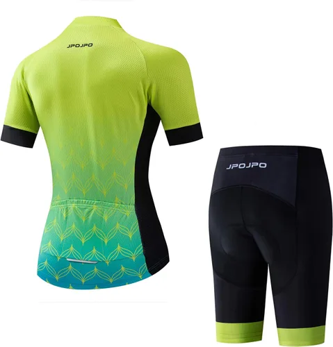 Vista 132 de Camiseta de ciclismo para mujer, manga corta y pantalones cortos de ciclismo acolchados para verano