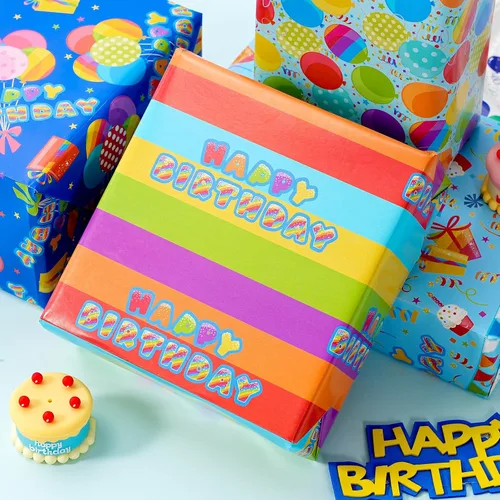 Vista 6 de PlandRichW Papel de regalo de cumpleaños, 4 divertidos diseños de fiesta, globos, arcoíris, cupcakes, confeti, plegado de 20 x 29 pulgadas, 12