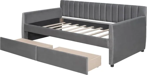 Vista 5 de SOFTSEA Sofá cama doble tapizado con cajones, sofá cama de terciopelo con listones de madera, soporte para dormitorio, sala de estar, no necesita