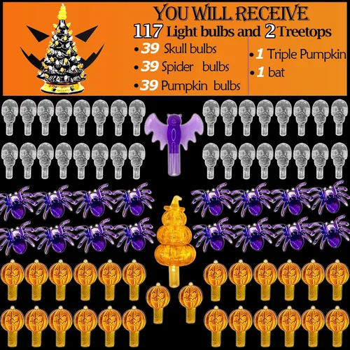 Vista 3 de 117 bombillas de repuesto para árboles de cerámica de Halloween, incluyendo cráneo/cabeza de calabaza, araña y 2 tapas temáticas de árbol