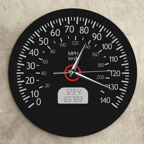 Vista 6 de The Geeky Days Reloj de pared silencioso impreso con velocímetro, kilómetros y millas, arte de pared de mecánica de carreras, reloj de pared negro