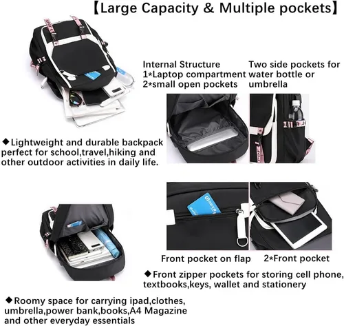 Vista 5 de Mochila para niñas y niños mochila escolar para estudiantes de escuela primaria secundaria mochila de viaje para niños Negro Rosa Mochilas Daypack