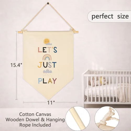 Vista 6 de Let's Just Play - Letrero colgante de lona para pared, regalo para bebés, niños, habitación de niños, sala de juegos, sol, arcoíris, nubes oscuras