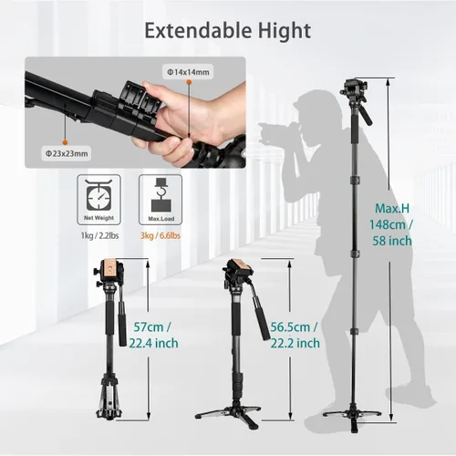 Vista 2 de Monopod extensible de aluminio para cámara con cabezal fluido y base de trípode plegable para cámara DSLR. Altura máxima de 58 pulgadas. Carga útil