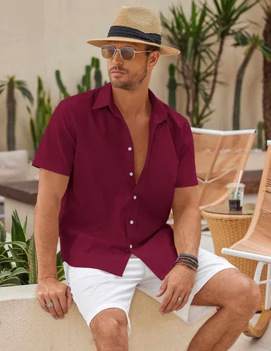 Vista 2 de COOFANDY Camisa casual de manga corta con botones para hombre, de verano, algodón, lino, para playa