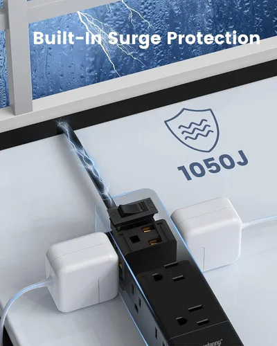 Vista 3 de Regleta protectora contra sobretensiones, 9 tomas de corriente ampliamente espaciadas con 3 puertos USB, extensor de 3 salidas laterales con cable