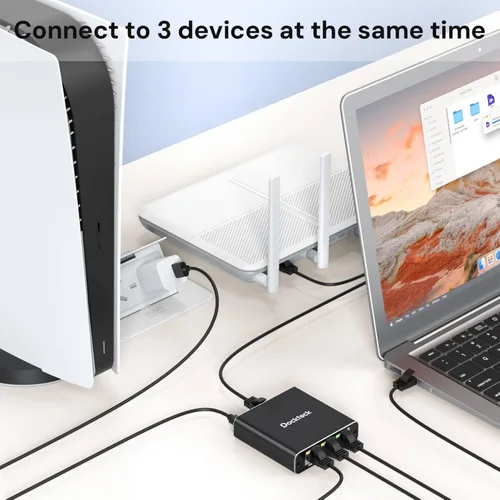 Vista 5 de Divisor de Ethernet 1 a 3 de 1000Mbps, divisor de cable de Internet Dockteck 1 entrada y 3 salidas, interruptor de red de alta velocidad Gigabit