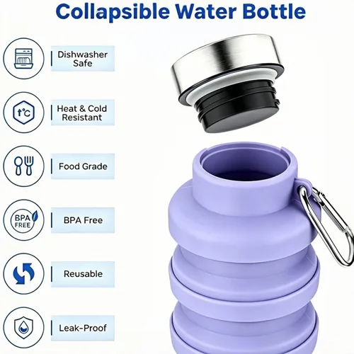 Vista 4 de YCT Botella de agua plegable de 17 onzas (16.9 fl oz), botella de agua deportiva portátil de viaje, botellas de agua plegables de silicona Negro