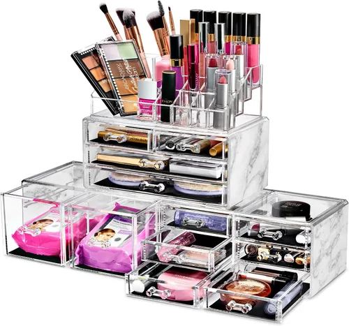 Vista 9 de Sorbus Organizador Grande de Maquillaje - Organizador Transparente y Apilable de Joyería y Maquillaje para Tocador, Almacenamiento de Baño, Cajonera