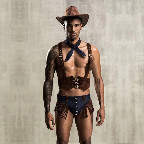 Vista 5 de Conjunto de lencería sexy de vaquero para hombre, disfraz de uniforme retro para juego de roles