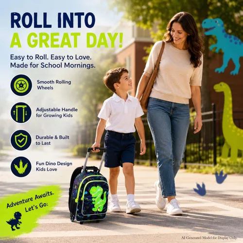 Vista 7 de WZLVO 4 mochilas con ruedas de dinosaurio para niños, juego escolar con ruedas geniales con lonchera, mochila escolar resistente al agua con ruedas