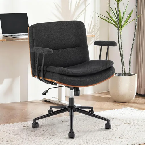 Vista 8 de Silla de oficina moderna sin brazos de nogal con ruedas, silla ejecutiva de cuero PU ajustable de giro amplio, silla de computadora ergonómica