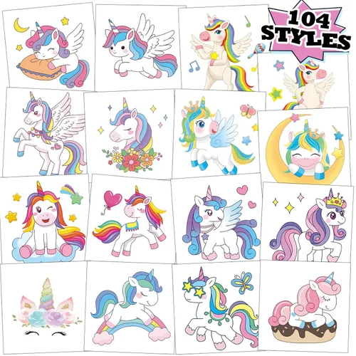 Vista 7 de 104 piezas de tatuajes temporales para niños para suministros de fiesta, pegatinas de tatuajes temporales de dinosaurios, unicornios y sirenas