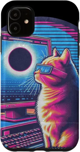 Vista 5 de iPhone 15 Cat Solar Eclipse - Synthwave Retro Poster Style Case