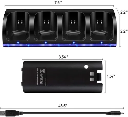 Vista 8 de Wii Charger Dock for WiiWii U Remote Controller, 4 Port Charger Station with 4 Batteries Pack USB Charging Cable LED Indicator -Black