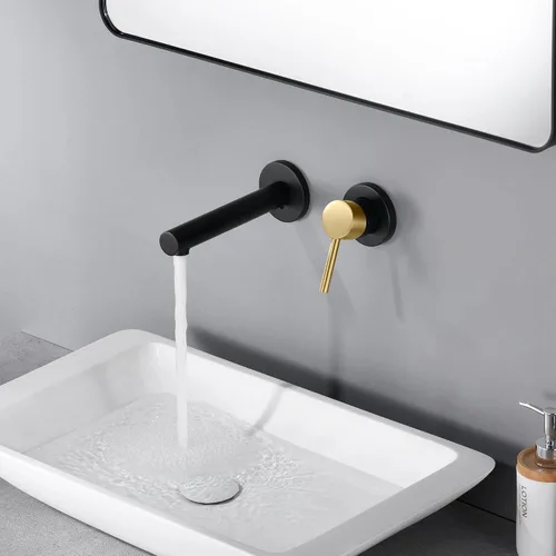 Vista 3 de SUMERAIN Grifo de lavabo de baño montado en la pared, acabado negro y dorado, grifo de lavabo con una sola manija y válvula áspera