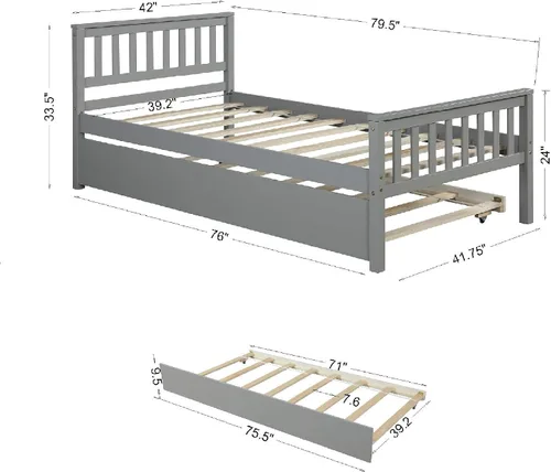 Vista 2 de Cama individual con nido, marco de cama de plataforma de madera con cabecera y estribo para dormitorio, espacio de vida pequeño, no necesita somier