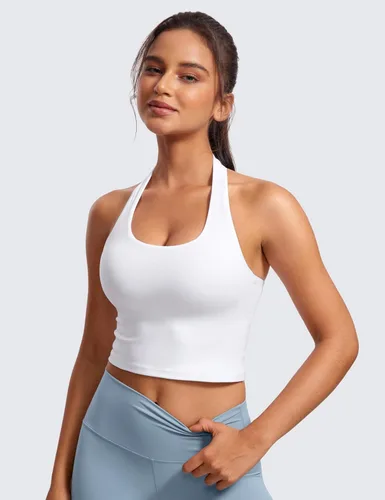 Vista 2 de CRZ YOGA - Brasier deportivo Butterluxe con cuello halter para mujer, con relleno, para entrenamiento o yoga, camiseta corta con relleno integrado