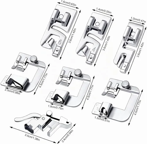 Vista 2 de 7 piezas de prensatelas de dobladillo enrollado, kit de pie de dobladillo para coser prensatelas enrolladas para máquina de coser multifuncional