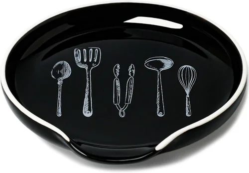 Vista 8 de GDCZ - Soporte de cuchara de cerámica de 5 pulgadas para encimera de cocina y estufa (negro, 1) 5 Inch Round Spoon Rest, Grooved Slot, Keeps