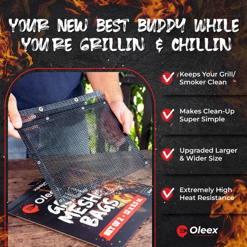 Vista 5 de Oleex - Bolsas antiadherentes grandes para barbacoa + cepillo para untar, malla de PTFE reutilizable para interiores y exteriores, accesorios